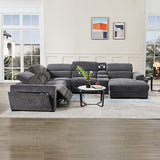 Grey Colour Corner Sofa Chaise Premium Fabric Electric Recliner With Manual Headrest Cup-Holder Charging Point Lighting - Front View