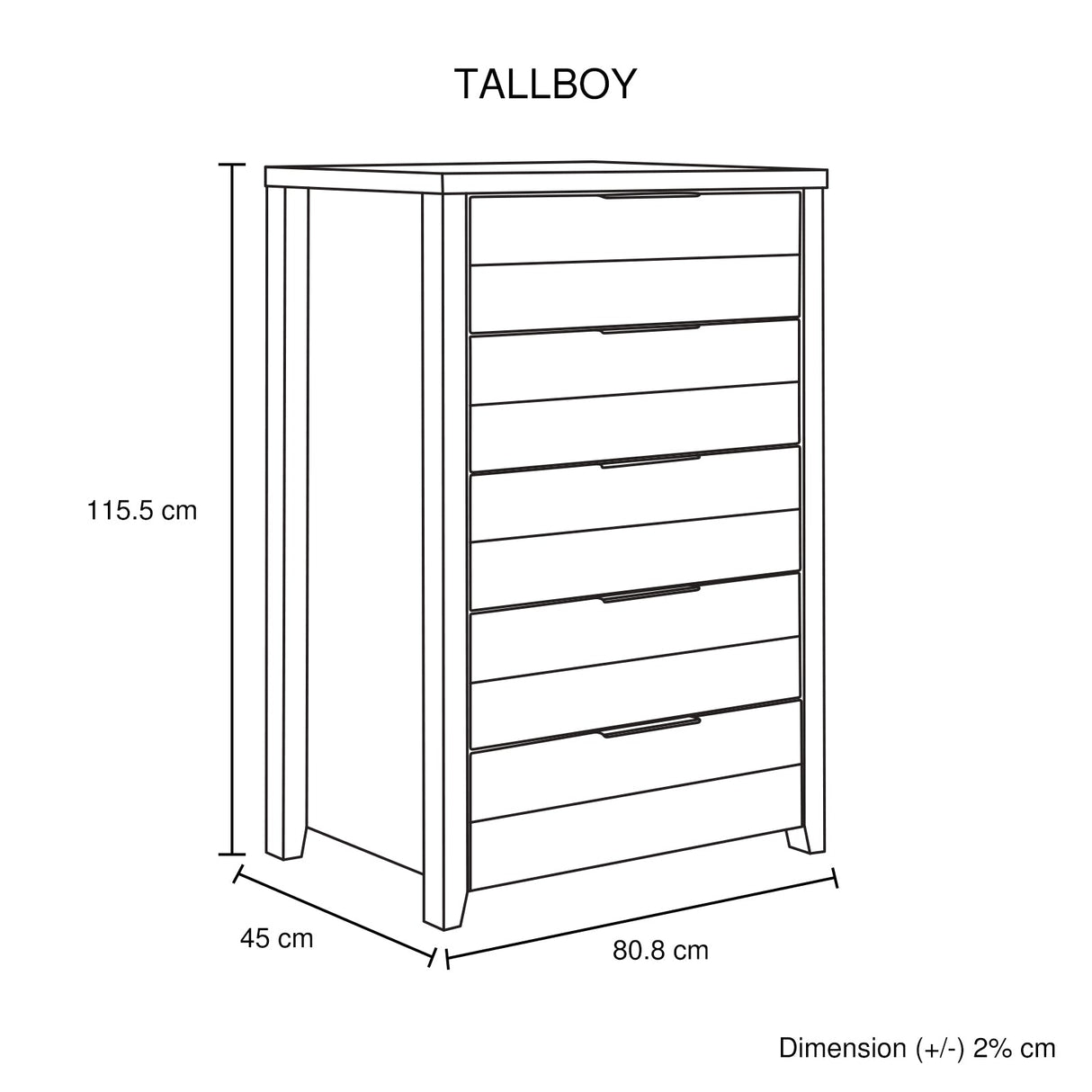 Tallboy with 5 Storage Drawers Natural Wood like MDF in Oak Colour