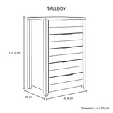 Tallboy with 5 Storage Drawers Natural Wood like MDF in White Ash Colour - 45-Degree Angle