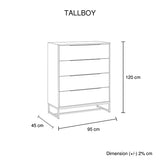 Tallboy with 4 Storage Drawers Assembled Solid Acacia Wooden Construction in Tea Colour - 45-Degree Angle