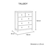 Tallboy with 5 Storage Drawers in Cloud White Ash Color with Solid Acacia Wooden Frame - Front View