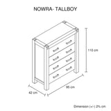 Tallboy with 4 Storage Drawers Solid Wooden Assembled in Oak Colour - 45-Degree Angle