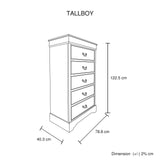 Tallboy with 5 Storage Drawers in Solid Wooden Metal Handles Grey Colour - 45-Degree Angle