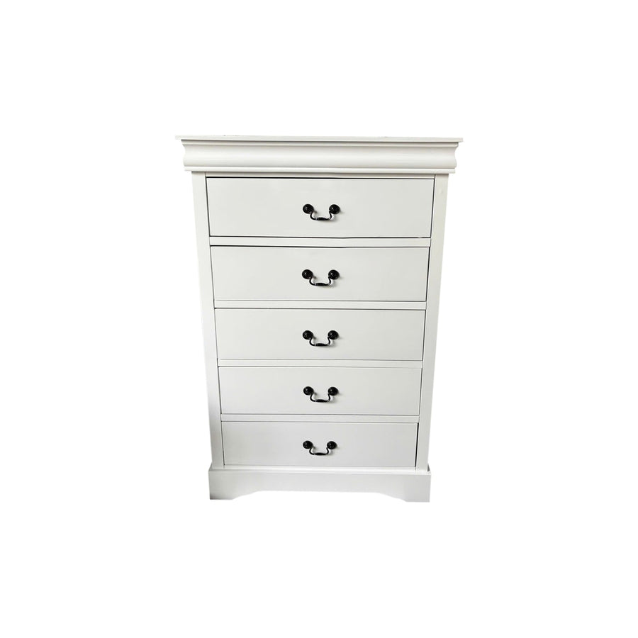 Tallboy with 5 Storage Drawers in Solid Wooden Metal Handles White Colour, Storage