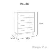 Tallboy with 4 Storage Drawers in Wooden Light Brown Colour - Low Angle