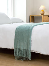 Micro Plush Knitted Woven Throw Blanket - Seafoam - Rear View