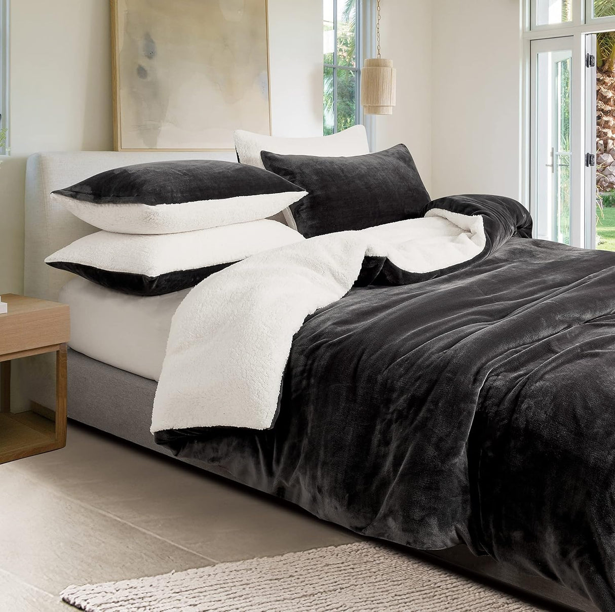 2-in-1 Teddy Sherpa Quilt Cover Set (Charcoal, Single)