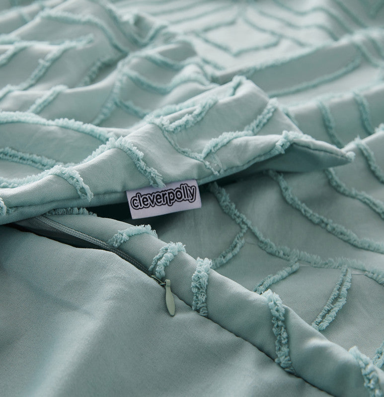 100% Premium Tufted Microfibre Quilt Cover Set - Ultra-Soft, Durable Embroidery Bedding Comforter Set - Machine Washable & Zipper Closure - Sage Green - Single
