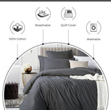 100% Cotton Vintage Washed Bed Quilt Cover Set - Charcoal - Single - 45-Degree Angle