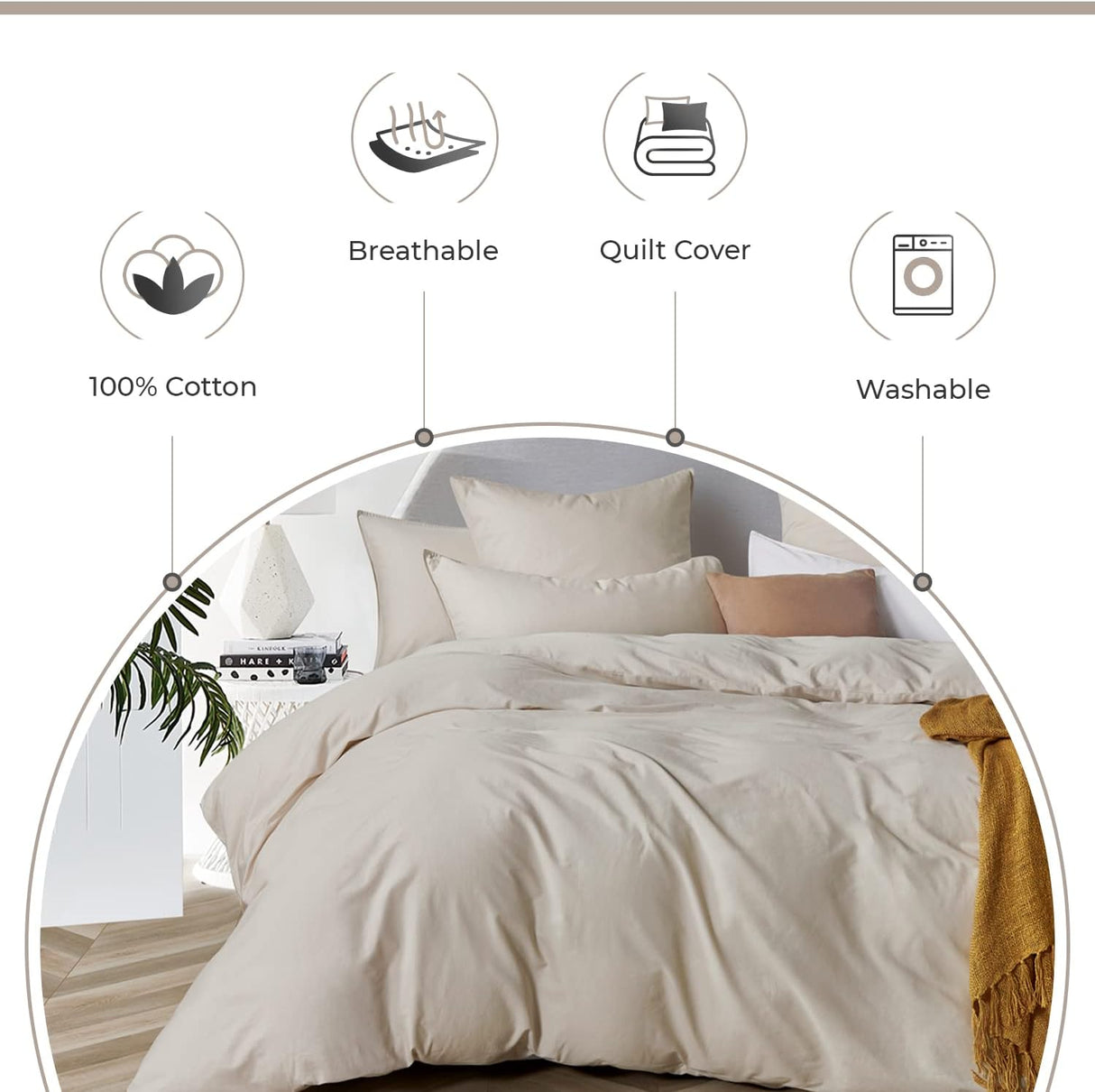 100% Cotton Vintage Washed Bed Quilt Cover Set - Natural - Single