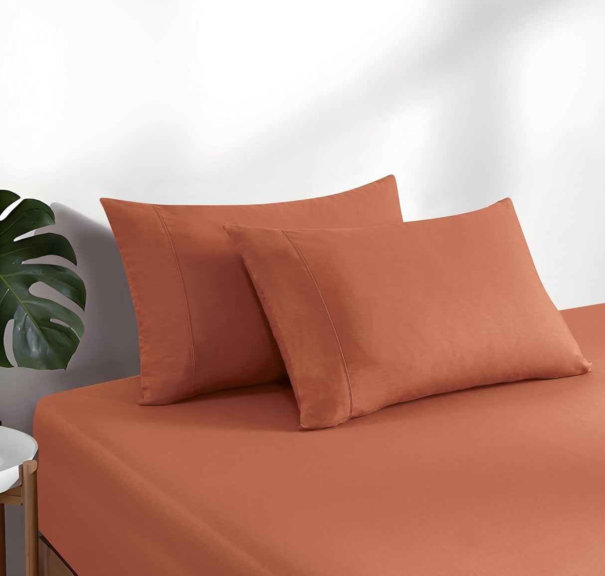 100% Vintage Washed Cotton Fitted Sheet Combo Set – 100% Natural Cotton, Ultra Soft & Breathable – Includes Fitted Sheet & Pillowcases – Machine Washable (Brick, Double)