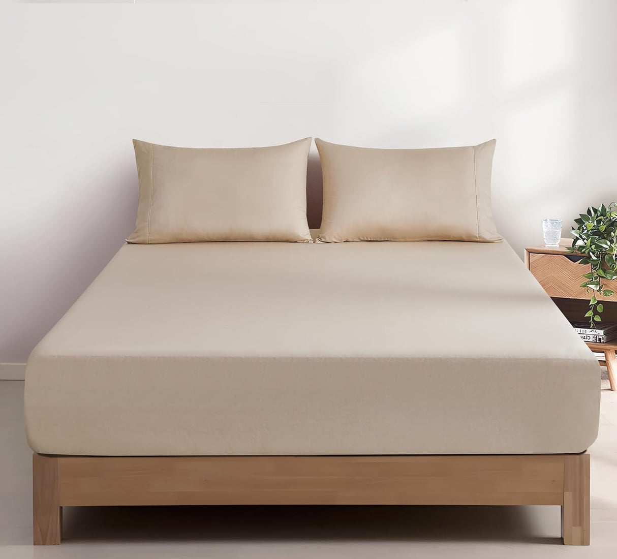 100% Vintage Washed Cotton Fitted Sheet Combo Set – 100% Natural Cotton, Ultra Soft & Breathable – Includes Fitted Sheet & Pillowcases – Machine Washable (Natural, Double)