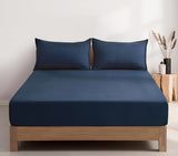 100% Vintage Washed Microfibre Fitted Sheet Set – Ultra Soft & Lightweight All-Season Fitted Sheet with 2 Pillowcases (Navy Blue, Double Size) - Side View