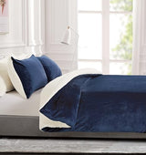 2-in-1 Teddy Sherpa Quilt Cover Set (Navy Blue, Double) - Low Angle