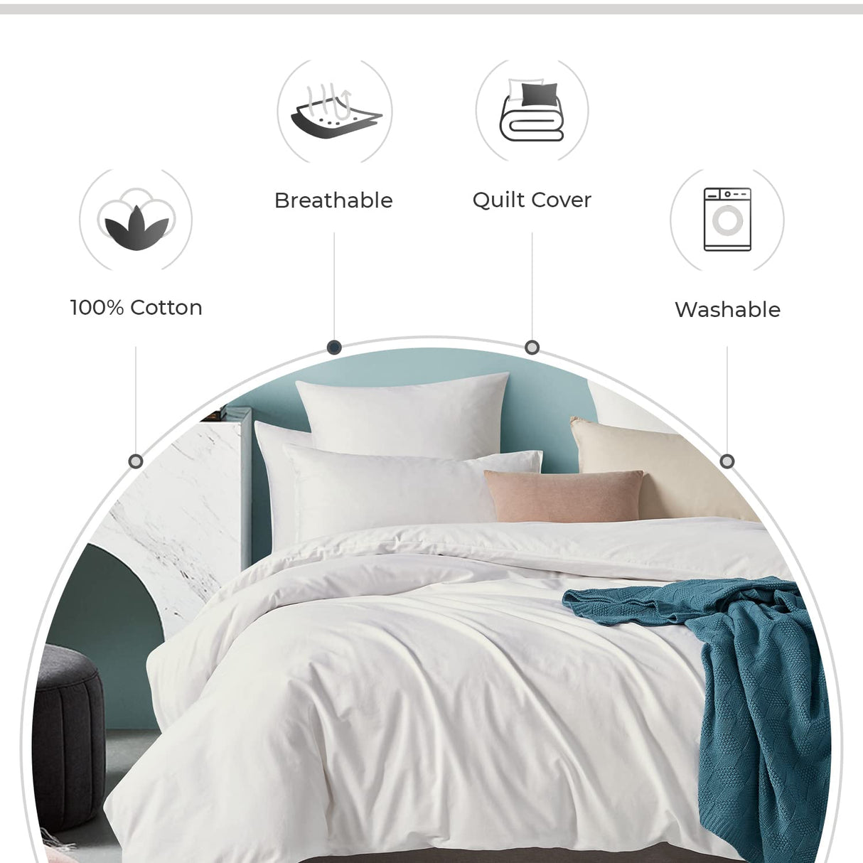 100% Cotton Vintage Washed Bed Quilt Cover Set - White - Double Size