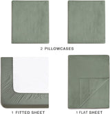 Vintage Washed Microfibre Sheet Set with 2 Pillowcases - Khaki Green - Double - 45-Degree Angle