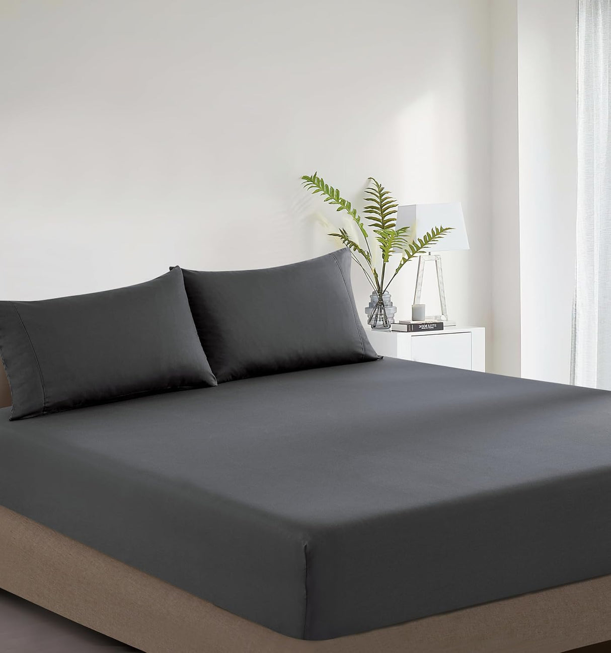 100% Vintage Washed Cotton Fitted Sheet Combo Set – 100% Natural Cotton, Ultra Soft & Breathable – Includes Fitted Sheet & Pillowcases – Machine Washable (Charcoal, Queen)