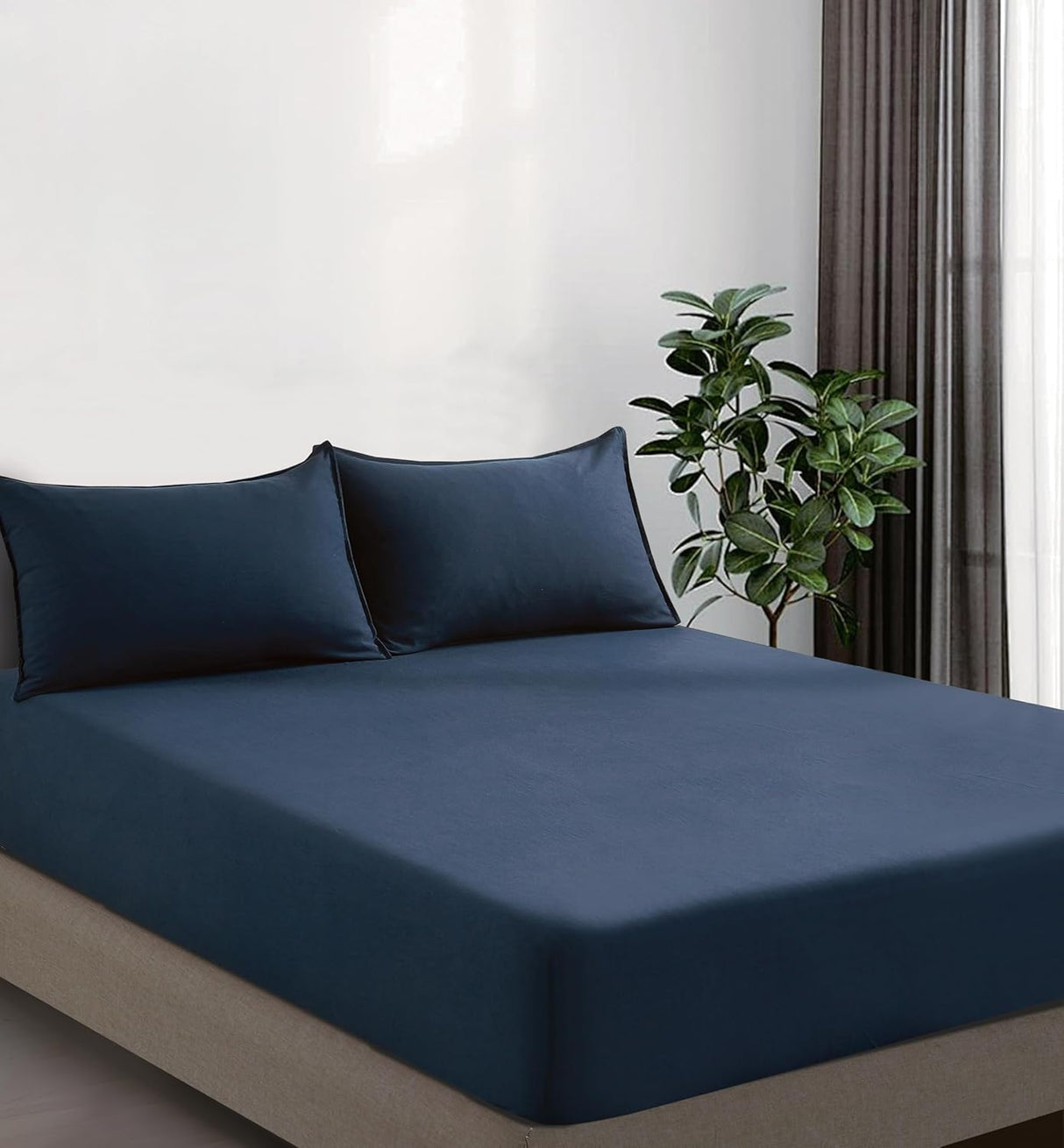 100% Vintage Washed Microfibre Fitted Sheet Set – Ultra Soft & Lightweight All-Season Fitted Sheet with 2 Pillowcases (Navy Blue, Queen Size)