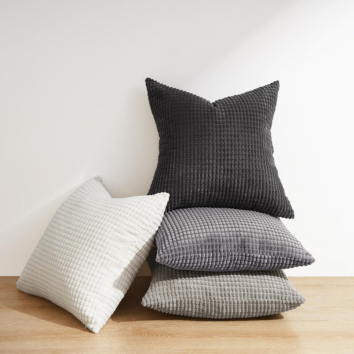 Corduroy Corn Grain Cushion Covers - Soft Velvet with Hidden Zipper - Stylish Mix of Grey Shades, 45cm x 45cm (Pack of 4)