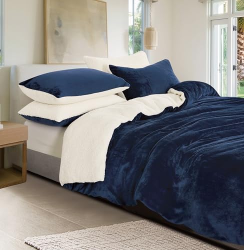 2-in-1 Teddy Sherpa Quilt Cover Set (Navy Blue, Queen)
