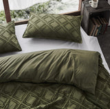 100% Premium Tufted Microfibre Quilt Cover Set - Ultra-Soft, Durable Embroidery Bedding Comforter Set - Machine Washable & Zipper Closure - Khaki Green - Queen - Front View