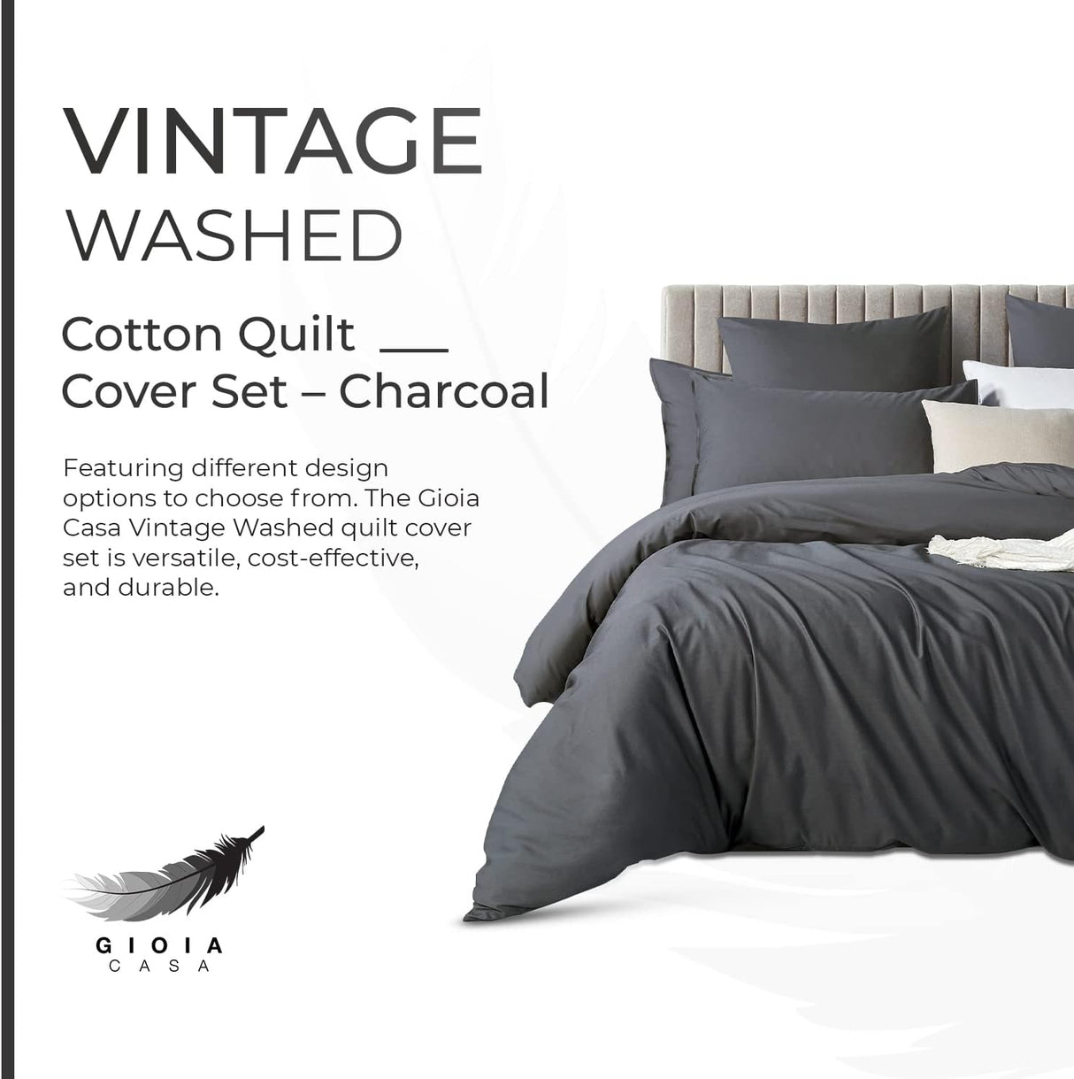 100% Cotton Vintage Washed Bed Quilt Cover Set - Charcoal - Queen Size