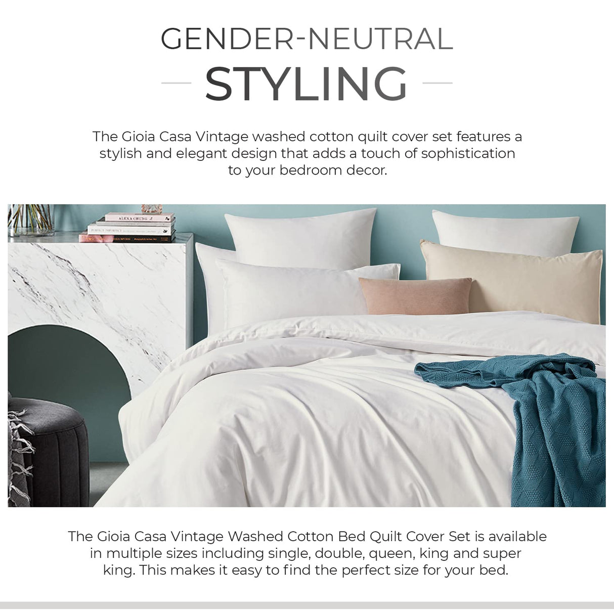 100% Cotton Vintage Washed Bed Quilt Cover Set - White - Queen Size