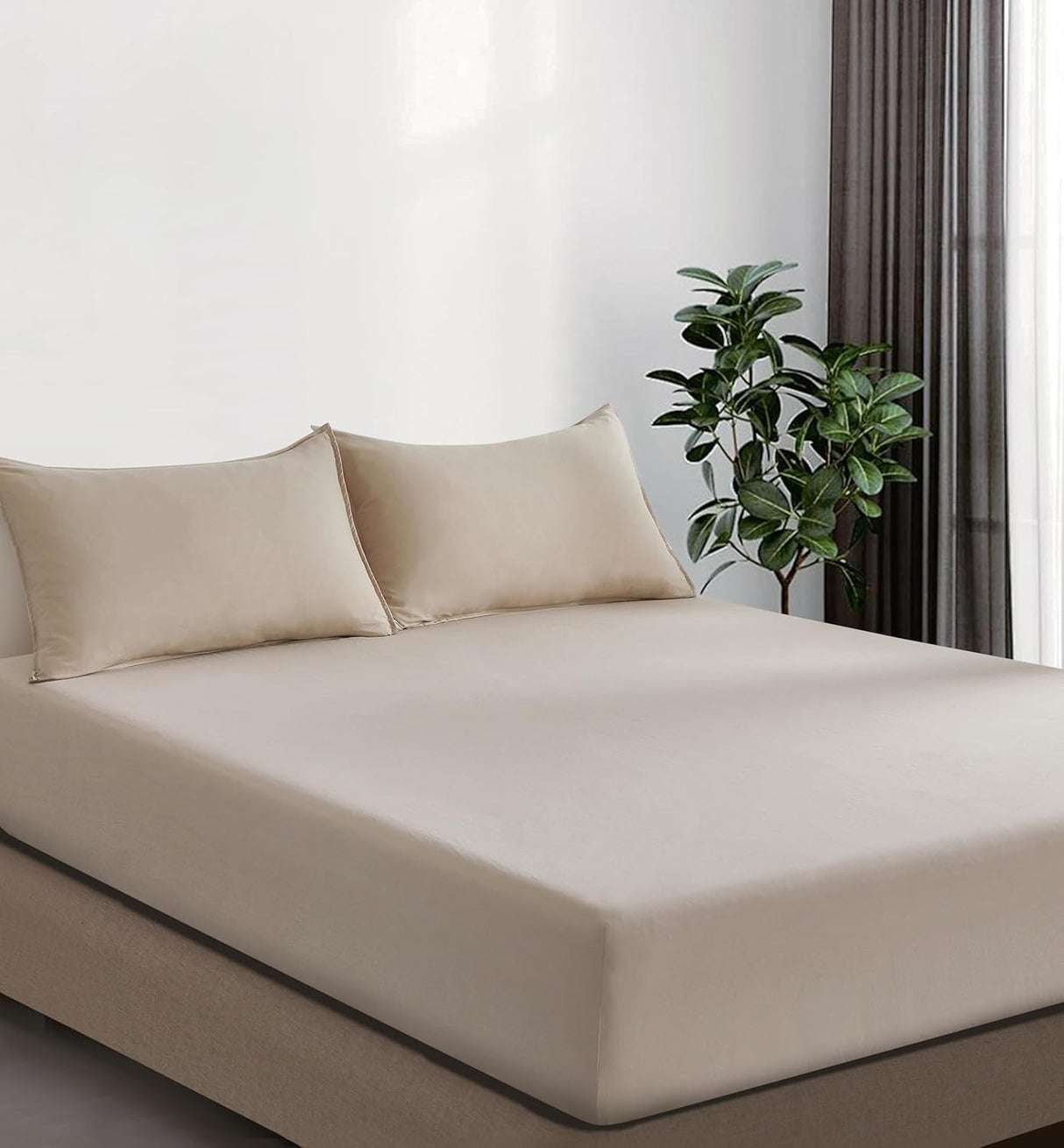 100% Vintage Washed Microfibre Fitted Sheet Set – Ultra Soft & Lightweight All-Season Fitted Sheet with 2 Pillowcases (Linen, King Size)