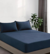 100% Vintage Washed Microfibre Fitted Sheet Set – Ultra Soft & Lightweight All-Season Fitted Sheet with 2 Pillowcases (Navy Blue, King Size)