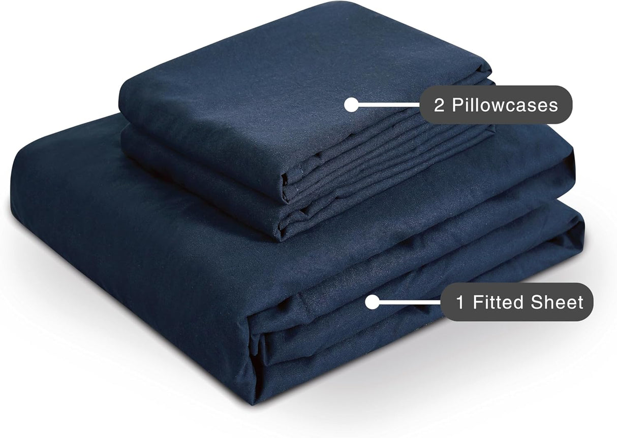 100% Vintage Washed Microfibre Fitted Sheet Set – Ultra Soft & Lightweight All-Season Fitted Sheet with 2 Pillowcases (Navy Blue, King Size)
