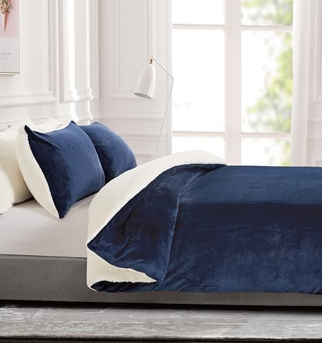 2-in-1 Teddy Sherpa Quilt Cover Set (Navy Blue, King)