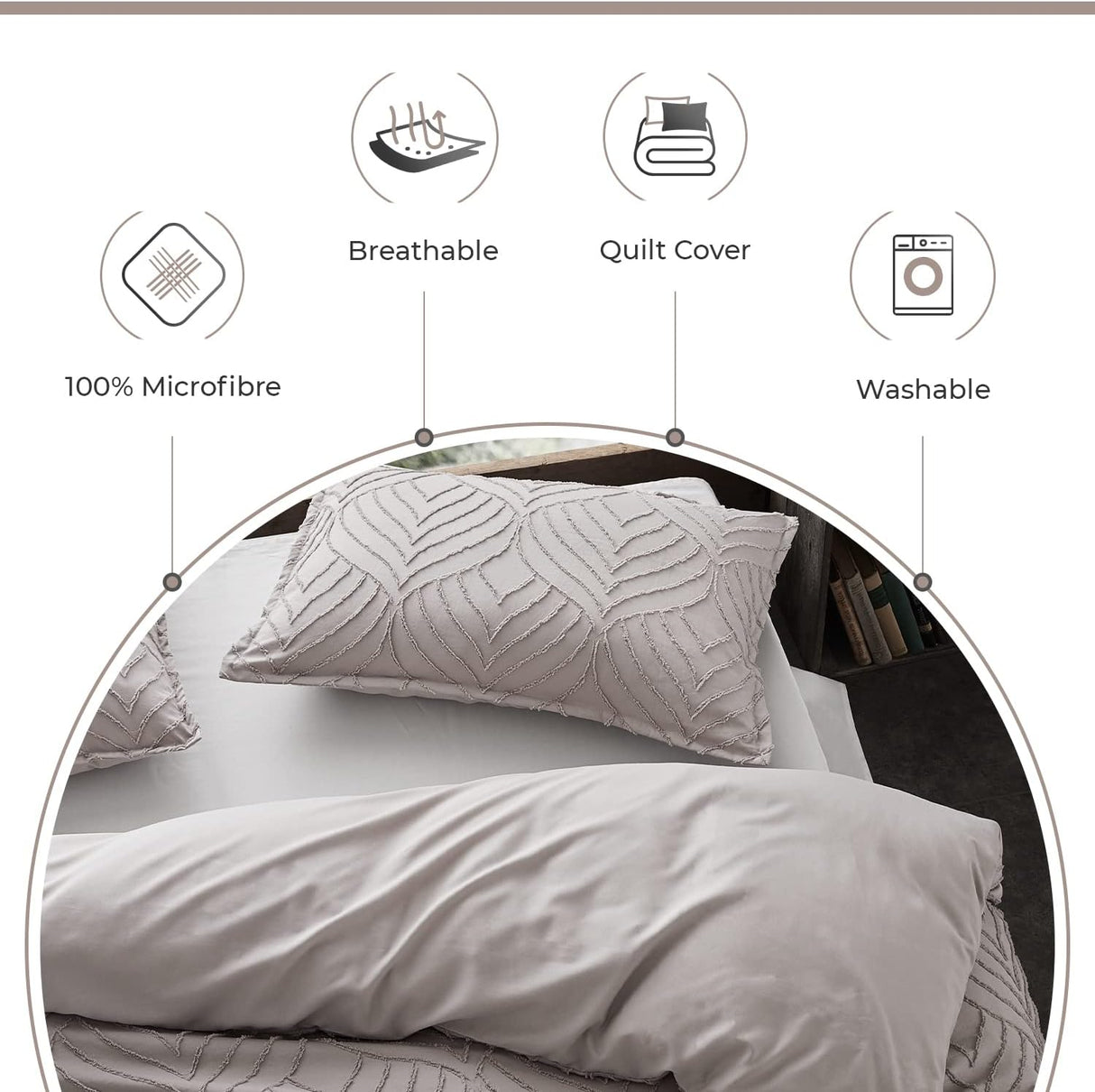 100% Premium Tufted Microfibre Quilt Cover Set - Ultra-Soft, Durable Embroidery Bedding Comforter Set - Machine Washable & Zipper Closure - Beige - King