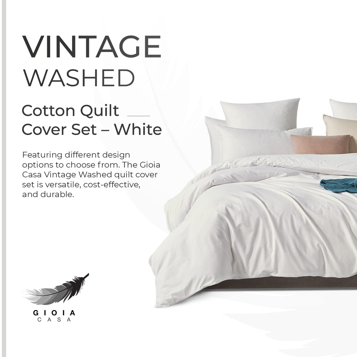100% Cotton Vintage Washed Bed Quilt Cover Set - White - King Size