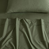 Vintage Washed 100% Cotton Sheet Set with 2 Pillowcases - Khaki Green - King Size - Side View