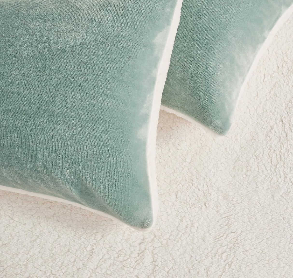 Teddy Sherpa Twin-Pack European Pillowcases - Soft Reversible Velvet & Sherpa Cushion Covers - Machine Washable with Zipper Closure -  65x65cm - Sage Green