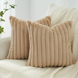 Faux Fur Cushion Covers - Chunky Embossed Flannel with Hidden Zipper - Natural, 45cm x 45cm (Pack of 2)