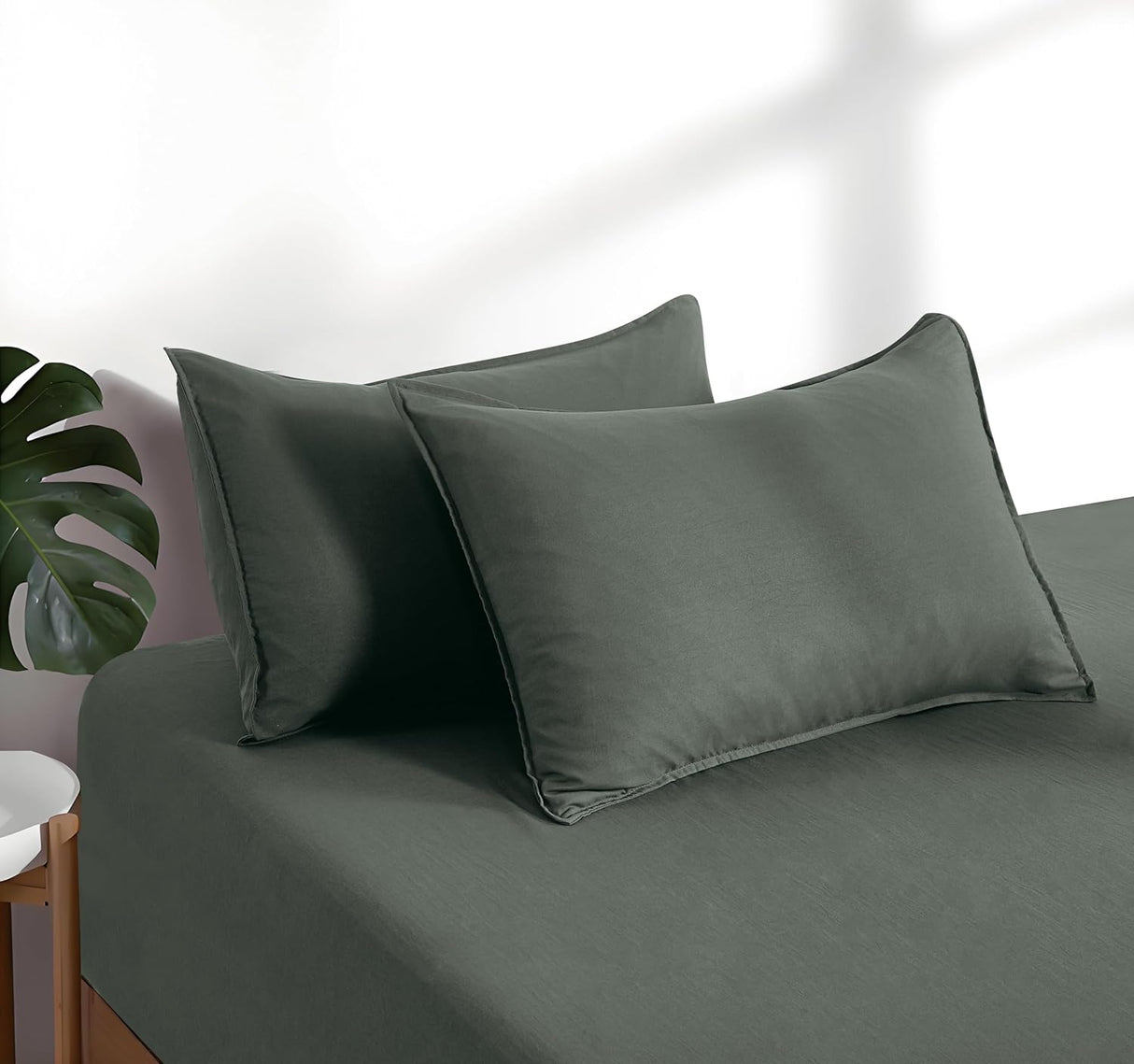 100% Vintage Washed Microfibre Fitted Sheet Set – Ultra Soft & Lightweight All-Season Fitted Sheet with 1 Pillowcase (Khaki Green, King Single Size)