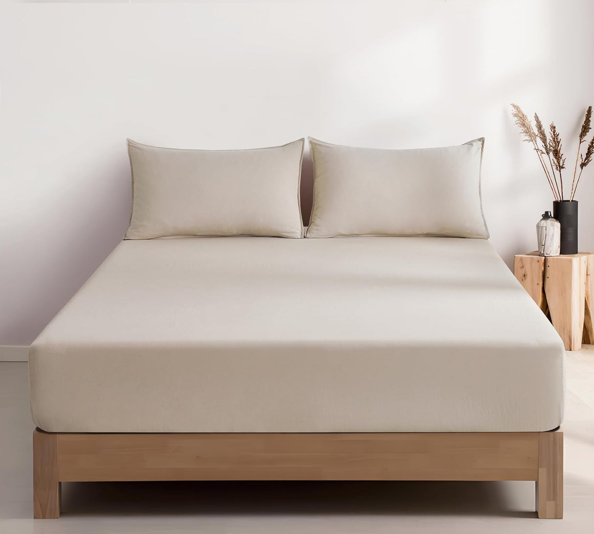 100% Vintage Washed Microfibre Fitted Sheet Set – Ultra Soft & Lightweight All-Season Fitted Sheet with 1 Pillowcase (Linen, King Single Size)