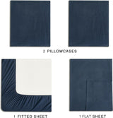 Vintage Washed Microfibre Sheet Set with 1 Pillowcase - Navy - King Single - Rear View