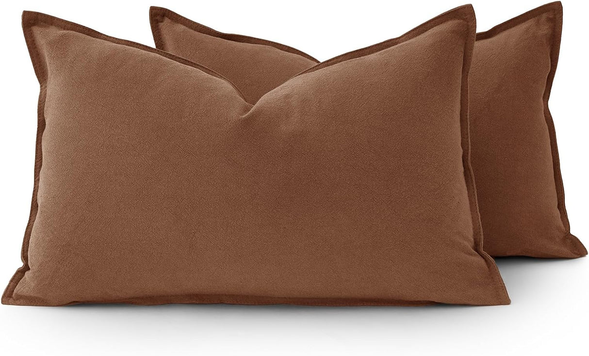 Linen Cushion Covers - 30% Linen 70% Cotton Blend, Soft & Breathable with Hidden Zipper Design - Cocoa Brown, 30cm x 50cm (Twin Pack)