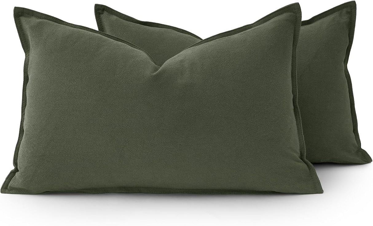 Linen Cushion Covers - 30% Linen 70% Cotton Blend, Soft & Breathable with Hidden Zipper Design - Khaki Green, 30cm x 50cm (Twin Pack)