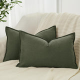 Linen Cushion Covers - 30% Linen 70% Cotton Blend, Soft & Breathable with Hidden Zipper Design - Khaki Green, 30cm x 50cm (Twin Pack) - Front View