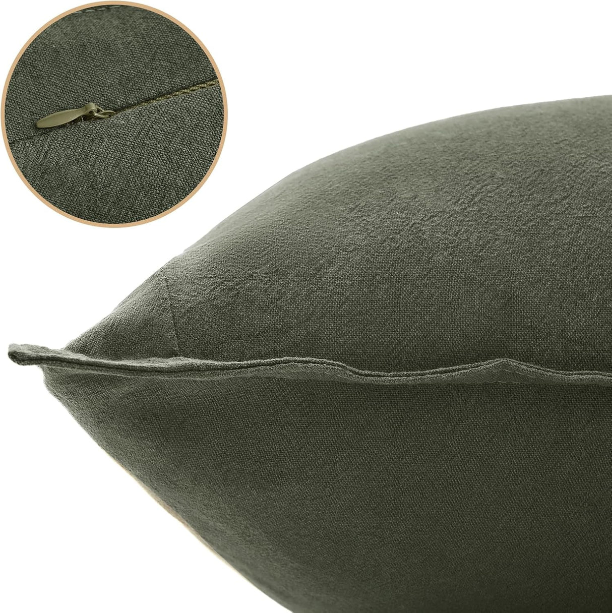 Linen Cushion Covers - 30% Linen 70% Cotton Blend, Soft & Breathable with Hidden Zipper Design - Khaki Green, 30cm x 50cm (Twin Pack)