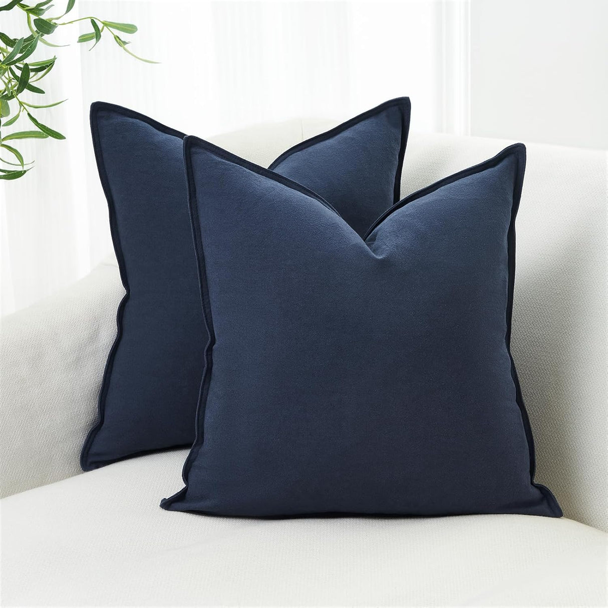 Linen Cushion Covers - 30% Linen 70% Cotton Blend, Soft & Breathable with Hidden Zipper Design - Navy Blue, 45cm x 45cm (Twin Pack)
