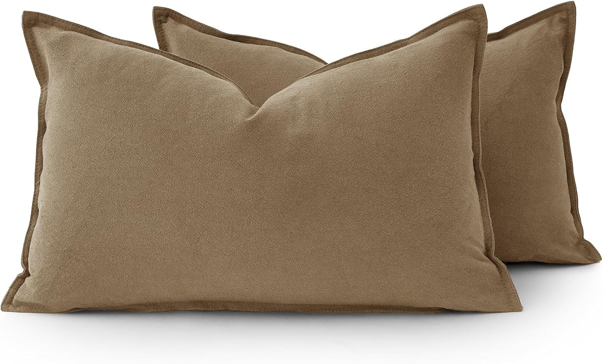 Linen Cushion Covers - 30% Linen 70% Cotton Blend, Soft & Breathable with Hidden Zipper Design - Tan, 30cm x 50cm (Twin Pack)