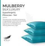 Luxury Pillowcase - 100% Pure Mulberry Silk on Both Sides - Teal - Front View