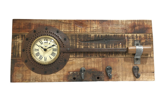 Antique Frying Pan Wall Clock on Reclaimed Mango Wood
