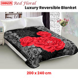 800GSM Luxury Reversible Mink Blanket Red Floral Queen 200 x 240 cm - Front View
