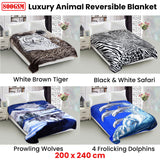 800GSM Luxury Reversible Animal Mink Blanket Queen 200 x 240 cm White Black Safari - Front View