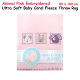 Animal Pink Embroidered Polar Fleece Baby Blanket 80 x 100 cm - Front View